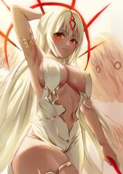 Rule 34 | 1girl, absurdres, angel wings, arm up, armpits, azur lane, breast curtains, breasts, center opening, commentary, cowboy shot, dark-skinned female, dark skin, dress, english commentary, feathered wings, hair between eyes, highres, holding, large breasts, large wings, long hair, looking at viewer, navel, red eyes, sao martinho (azur lane), saure teigtasche, side slit, solo, very long hair, white dress, white hair, white wings, wings