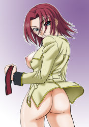 Rule 34 | 00s, 1girl, ass, blue eyes, bottomless, breasts, code geass, collar, from behind, green shirt, kouzuki kallen, large breasts, long sleeves, looking at viewer, looking back, misnon the great, nipples, red hair, shirt, solo