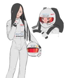 Rule 34 | 1girl, bad id, bad pixiv id, black hair, bodysuit, closed mouth, driving, hair over one eye, helmet, highres, holding, holding helmet, long hair, luimiart, one eye covered, original, pilot, pilot suit, simple background, small hips, white background, wide-eyed