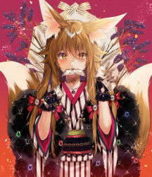 Rule 34 | 1girl, animal ear fluff, animal ears, black gloves, brown eyes, brown hair, closed mouth, commentary request, fangs, flower, fox ears, fox girl, fox tail, fur trim, gloves, hair between eyes, hands up, highres, holding, holding money, japanese clothes, jewelry, kimono, kitsune, long hair, looking at viewer, monaka natsume, money, mouth hold, multiple tails, obi, original, purple flower, ring, sash, short sleeves, solo, striped clothes, striped kimono, tail, tail raised, two tails, upper body, vertical-striped clothes, vertical-striped kimono, very long hair, wide sleeves
