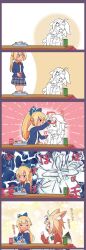 Rule 34 | 2girls, 5koma, ahoge, alternate costume, animal ear fluff, animal ears, black hair, blazer, blonde hair, blue bow, blue jacket, blush, blush stickers, book, bow, bowtie, can, chinese commentary, chromatic aberration, closed eyes, closed mouth, cola, comic, dark-skinned female, dark skin, dezhsieh, drink can, drooling, elf, facing another, fox ears, fox girl, fox tail, green bow, green bowtie, green tea, grey skirt, hair bow, high ponytail, highres, hololive, hood, hood down, hoodie, jacket, layered clothes, medium hair, mouth drool, multicolored hair, multiple girls, o o, omaru polka, open book, open mouth, pink hair, plaid, plaid skirt, pointy ears, reading, red bow, red bowtie, red eyes, red jacket, school uniform, shiranui flare, sidelocks, sitting, skirt, smile, soda can, standing, streaked hair, table, tail, tea, translated, unconscious, virtual youtuber, yellow hoodie