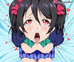 Rule 34 | 1girl, ahegao, artist name, black hair, blue jacket, blue skirt, bow, bowtie, breasts, breasts out, clothes, cum, cum in mouth, cum on tongue, facial, from above, green bow, green bowtie, hair between eyes, heart, hetero, highres, jacket, looking at viewer, love live!, love live! school idol project, maokami, nipples, open mouth, otonokizaka school uniform, pale skin, pleated skirt, red eyes, school uniform, short hair, sitting, skirt, small breasts, solo, thighs, tongue, tongue out, twintails, uniform, uvula, yazawa nico