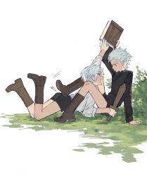 Rule 34 | 2boys, aged down, black shorts, blue eyes, book, brothers, brown footwear, child, dante (devil may cry), devil may cry (series), gougougougou, highres, holding, holding book, knee up, multiple boys, on grass, shorts, siblings, twins, vergil (devil may cry), white hair