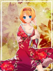 Rule 34 | 1girl, alice margatroid, bad id, bad pixiv id, blonde hair, blue eyes, bracelet, breasts, cleavage, female focus, hairband, japanese clothes, jewelry, kimono, meltedsnowjaspers, short hair, small breasts, smile, solo, touhou, tsuno no hito