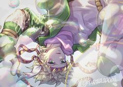 Rule 34 | 1boy, absurdres, artist name, battle tendency, birthday, blonde hair, bubble, caesar anthonio zeppeli, commentary request, dated, facial mark, feather hair ornament, feathers, fingerless gloves, gargar, gloves, green eyes, green gloves, green jacket, hair ornament, happy birthday, headband, highres, hydrokinesis, jacket, jojo no kimyou na bouken, knee pads, knees up, male focus, pants, pink scarf, scarf, shirt, short hair, solo, triangle print, twitter username, upside-down, water, white pants, white shirt