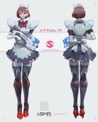 Rule 34 | 1girl, android, apron, armor, artist name, black dress, bow, breasts, brown eyes, brown hair, character sheet, commentary, dress, english commentary, from behind, full body, glasses, grey background, grey bow, gun, headset, heart, high heels, highres, holding, holding gun, holding weapon, maid, maid apron, mechanical legs, medium breasts, mole, mole above mouth, multiple views, neck ribbon, original, red footwear, red ribbon, ribbon, robert kim, round eyewear, science fiction, shoulder armor, smile, submachine gun, weapon