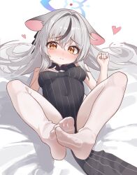 Rule 34 | 1girl, alpha beast, alternate breast size, animal ears, bed sheet, black dress, black hair, blue archive, blue halo, blush, breasts, closed mouth, commentary, covered erect nipples, covered navel, dress, full body, grey hair, halo, heart, highres, kokona (blue archive), long hair, looking at viewer, medium breasts, multicolored hair, orange eyes, pantyhose, simple background, sleeveless, sleeveless dress, solo, streaked hair, striped clothes, striped dress, tiger ears, vertical-striped clothes, vertical-striped dress, white background, white pantyhose