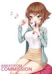 Rule 34 | 10s, 1girl, alternate costume, anchor earrings, ankkoyom, applying makeup, bad id, bad pixiv id, blouse, blue jacket, blush, breasts, brown hair, brown skirt, cosmetics, cushion, earrings, flipped hair, green eyes, hair between eyes, heart, heart lock (kantai collection), highres, jacket, jewelry, kantai collection, large breasts, lips, lipstick tube, long sleeves, looking at viewer, musical note, mutsu (kancolle), necklace, open mouth, shirt, short hair, sitting, skirt, white shirt