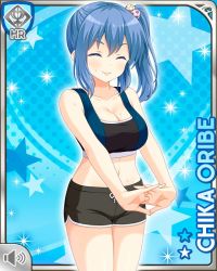 Rule 34 | 1girl, bare arms, bare legs, bare shoulders, black shorts, blue background, blue bra, blue eyes, blue hair, bra, card (medium), character name, closed eyes, girlfriend (kari), looking at viewer, midriff, navel, official art, oribe chika, qp:flapper, shirt, shorts, smile, solo, sports bra, standing, underwear, workout clothes