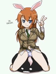 Rule 34 | 00s, 1girl, animal ears, belt, blazer, blue eyes, breasts, rabbit ears, rabbit tail, charlotte e. yeager, female focus, full body, hard-translated, highres, jacket, large breasts, necktie, orange hair, panties, sitting, smile, solo, sterndorf, strike witches, tail, third-party edit, translated, underwear, v, world witches series