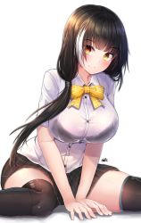 Rule 34 | 1girl, absurdres, between legs, black bra, black hair, black skirt, black thighhighs, bow, bowtie, bra, bra visible through clothes, breasts, buttons, closed mouth, collared shirt, dress shirt, girls&#039; frontline, heterochromia, highres, hiromaster sinta jh, large breasts, long hair, looking at viewer, miniskirt, multicolored hair, orange eyes, pleated skirt, red eyes, ro635 (girls&#039; frontline), school uniform, see-through, shadow, shirt, short sleeves, signature, simple background, sitting, skirt, smile, solo, thighhighs, two-tone hair, underwear, wariza, white background, white shirt, yellow bow, yellow bowtie, zettai ryouiki