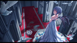 Rule 34 | 1girl, alternate hairstyle, bad id, bad pixiv id, bare arms, bare shoulders, bat wings, bird, building, carpet, dove, dress, hair ribbon, highres, indoors, interior, letterboxed, long dress, looking at viewer, petals, pointy ears, pupil g, purple hair, red eyes, remilia scarlet, ribbon, short hair, solo, touhou, white dress, wings