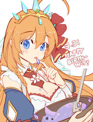 Rule 34 | 1girl, ahoge, apron, blue eyes, blush, bowl, breasts, brown hair, cleavage, commentary request, dated, flower, food, food on hand, hair between eyes, hair ribbon, happy birthday, holding, holding bowl, looking at viewer, medium breasts, parted lips, pecorine (princess) (princess connect!), pecorine (princess connect!), princess connect!, puffy short sleeves, puffy sleeves, red ribbon, ribbon, shadowsinking, short sleeves, simple background, solo, spatula, tiara, upper body, white apron, white background, white flower