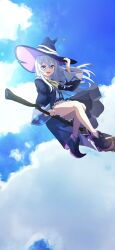 Rule 34 | 1girl, black hat, black robe, blue sky, bow, bowtie, broom, broom riding, camui1104, cloud, cloudy sky, collared shirt, cover image, elaina (majo no tabitabi), flying, hat, highres, hooded robe, long hair, long sleeves, looking at viewer, majo no tabitabi, open clothes, open mouth, open robe, pointy footwear, ribbon, robe, shirt, sidesaddle, sky, smile, solo, white shirt, witch, witch hat, yellow bow, yellow bowtie, yellow ribbon