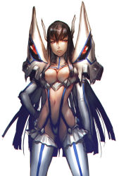 Rule 34 | 10s, 1girl, black hair, blue eyes, breasts, center opening, hand on own hip, junketsu, kill la kill, kiryuuin satsuki, kitsune n, large breasts, long hair, navel, simple background, solo, thighhighs, very long hair, white background