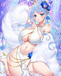 Rule 34 | 1girl, arm up, bare shoulders, blue eyes, blue flower, blue hair, blue rose, blush, breasts, cleavage, commission, commissioner name, detached sleeves, earrings, flower, hair flower, hair ornament, high heels, jewelry, large breasts, long hair, looking at viewer, munlu (wolupus), navel, original, pelvic curtain, rose, signature, sitting, skeb commission, solo, stomach, white footwear