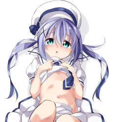 Rule 34 | 1girl, :o, absurdres, beret, blouse, blue eyes, blue hair, blue necktie, blush, breasts, chestnut mouth, clothes lift, collar, commentary request, from above, gochuumon wa usagi desu ka?, hair ornament, hairclip, hat, highres, kafuu chino, kneehighs, lifted by self, long hair, looking at viewer, lying, mousou (mousou temporary), navel, necktie, on back, open mouth, puffy short sleeves, puffy sleeves, sailor collar, school uniform, shadow, shirt, shirt lift, short sleeves, sidelocks, simple background, skirt, small breasts, socks, solo, stomach, twintails, underboob, unworn hat, unworn headwear, white background, white collar, white hat, white shirt, white skirt, white socks, x hair ornament