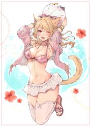 Rule 34 | 1girl, absurdres, animal ears, arms up, ball, bikini, bikini top only, blonde hair, bow, breasts, cat ears, cat girl, cat tail, cleavage, collarbone, facial mark, fang, final fantasy, final fantasy xiv, flower, full body, groin, hair bow, halterneck, highres, holding, holding ball, jewelry, jumping, looking at viewer, medium breasts, medium hair, midriff, miniskirt, miqo&#039;te, mokokoiro, navel, necklace, one eye closed, open clothes, open mouth, open shirt, pink bikini, pink bow, pink shirt, pleated skirt, red eyes, red flower, sandals, shirt, skin fang, skirt, solo, swimsuit, tail, teeth, thighhighs, upper teeth only, warrior of light (ff14), white skirt, white thighhighs