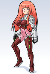 Rule 34 | 00s, 1girl, blunt bangs, bodysuit, boots, breasts, covered erect nipples, covered navel, ken marinaris, large breasts, long hair, neon trim, pilot suit, pink hair, rcasedrawsstuff, red footwear, skin tight, solo, thigh boots, thighhighs, zone of the enders, zone of the enders 2