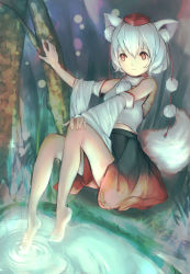Rule 34 | 1girl, 6980 (aaaaaadka), animal ears, bare legs, barefoot, detached sleeves, expressionless, fireflies, forest, grass, hand on own knee, hat, inubashiri momiji, looking away, nature, pom pom (clothes), pond, red eyes, sarashi, short hair, sitting, skirt, skirt set, soaking feet, solo, tail, tokin hat, touhou, white hair, wolf ears, wolf tail