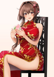 Rule 34 | 1girl, alternate costume, blush, breasts, brown eyes, brown hair, chair, china dress, chinese clothes, dress, feet out of frame, flower, food, fruit, hair between eyes, hair flower, hair ornament, highres, holding, holding food, holding fruit, kantai collection, large breasts, long hair, open mouth, peach, pink flower, red dress, sitting, smile, solo, yamato (kancolle), yunamaro