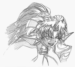 Rule 34 | &gt;:d, 1girl, :d, angry, artist request, grandia, grandia ii, graphite (medium), greyscale, hair ornament, high ponytail, long hair, millenia (grandia), monochrome, open mouth, parted bangs, simple background, smile, solo, traditional media, upper body, v-shaped eyebrows