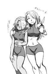 Rule 34 | 2girls, :3, ^ ^, arm around shoulder, bare shoulders, bike shorts, blush, braid, breasts, closed eyes, company connection, cosplay, crop top, crossover, embarrassed, full-face blush, goma tonbi, greyscale, hair over one eye, hair over shoulder, halterneck, hand on own stomach, hand on own thigh, happy, holding, long hair, looking down, metroid, metroid fusion, midriff, monochrome, multiple girls, navel, nintendo, nose blush, oekaki, samus aran, samus aran (cosplay), scissors, sheik, simple background, single braid, small breasts, sports bra, standing, super smash bros., sweat, tan, tank top, the legend of zelda, the legend of zelda: ocarina of time, turban, turtleneck, wavy mouth, wristband