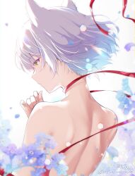 1girl animal_ears back bare_back blue_flower cat_ears cat_girl flower from_behind grey_hair highres mio_(xenoblade) short_hair solo topless ui_frara upper_body white_background xenoblade_chronicles_(series) xenoblade_chronicles_3 yellow_eyes