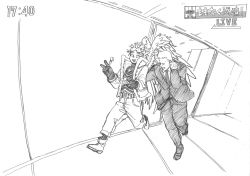 Rule 34 | 2boys, boku no hero academia, commentary request, eating, feathered wings, fisheye, food, fork, formal, full body, gloves, goggles, goggles on eyes, goggles on head, greyscale, hawks (boku no hero academia), highres, holding, holding fork, holding plate, horikoshi kouhei, indoors, jacket, long sleeves, looking at another, looking at viewer, male focus, monochrome, multiple boys, official art, pants, plate, shoes, short hair, suit, v, wings