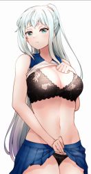Rule 34 | 1girl, black panties, blue eyes, blue hair, blue skirt, bra, breasts, clothes lift, commentary request, hand on own chest, highres, kawasaki saki, lace, lace-trimmed bra, lace-trimmed panties, lace trim, large breasts, lifted by self, light blue hair, long hair, looking at viewer, mole, mole under eye, navel, panties, ponytail, purple eyes, red hayao, simple background, skirt, skirt lift, solo, underwear, white background, yahari ore no seishun lovecome wa machigatteiru.