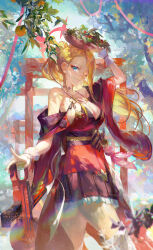 Rule 34 | 1girl, absurdres, basket on head, blonde hair, blue archive, blue eyes, breasts, cleavage, commentary, cross, cross necklace, daylightallure, detached sleeves, feet out of frame, food, fruit, highres, instrument, japanese clothes, jewelry, kimono, large breasts, long hair, multicolored background, nail polish, necklace, obi, one eye closed, orange (fruit), orange tree, outdoors, pina (blue archive), ponytail, red kimono, romaji commentary, sash, shamisen, sideboob, solo, torii, tree, white wrist cuffs, wrist cuffs