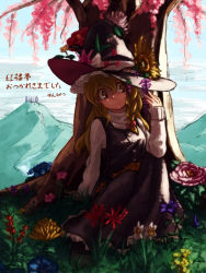 Rule 34 | 1girl, black dress, black footwear, blonde hair, blue sky, bow, braid, cherry blossoms, cityscape, cloud, day, dress, expressionless, flower, grass, hanpitsu (palewhite), hat, hat bow, hat flower, kirisame marisa, long sleeves, mountain, shoes, single braid, sitting, sky, sleeveless, sleeveless dress, solo, sunlight, sweater, touhou, translation request, tree, tree shade, turtleneck, witch hat, yellow eyes