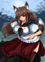 Rule 34 | 1girl, animal ears, bad id, bad pixiv id, blush, breasts, brooch, brown hair, cleavage cutout, clothing cutout, curvy, dress, female focus, fingernails, imaizumi kagerou, jewelry, large breasts, leaning forward, long hair, looking at viewer, nekuraneko, red eyes, smile, solo, tail, thighhighs, touhou, wide hips, wolf ears, wolf tail