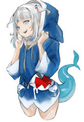 Rule 34 | 1girl, :d, blue eyes, blue hair, blue hoodie, cowboy shot, cropped legs, fins, fish tail, ga4me4, gawr gura, gawr gura (1st costume), grey hair, hair ornament, hands up, highres, hololive, hololive english, hood, hood up, hoodie, long sleeves, looking at viewer, medium hair, multicolored hair, open mouth, shark hair ornament, shark tail, sharp teeth, shiny skin, simple background, smile, solo, streaked hair, tail, teeth, upper teeth only, virtual youtuber, white background