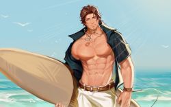 Rule 34 | 1boy, animal, bare pectorals, belmond banderas, belt, belt buckle, bird, black shirt, blue sky, brown belt, brown hair, buckle, closed mouth, collarbone, collared shirt, commentary request, day, facial hair, glint, henrryxv, highres, holding, holding surfboard, horizon, large pectorals, looking at viewer, male focus, navel, nijisanji, ocean, open clothes, open shirt, outdoors, pectorals, shirt, short sleeves, shorts, sky, smile, solo, star (symbol), stubble, surfboard, thick eyebrows, virtual youtuber, water, white shorts