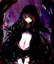 Rule 34 | 10s, 1girl, abstract background, abyssal ship, assi, blood, blood from mouth, character name, faux traditional media, highres, hood, hooded jacket, jacket, kantai collection, looking at viewer, messy hair, navel, o-ring, o-ring top, pale skin, purple background, re-class battleship, shorts, signature, solo, teeth, texture, turret, white hair, yellow eyes