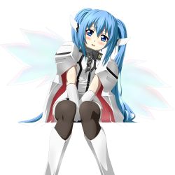 Rule 34 | blue eyes, blue hair, boots, chain, chokotto, collar, gloves, highres, long hair, nymph (sora no otoshimono), open mouth, retro artstyle, sitting, solo, sora no otoshimono, thighhighs, twintails, wings