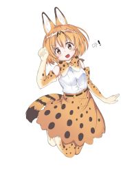 Rule 34 | 10s, 1girl, absurdres, animal ears, animal ears (norankkori), bad id, bad twitter id, bare shoulders, blonde hair, bow, bowtie, commentary request, elbow gloves, fang, gloves, highres, jumping, kemono friends, multicolored hair, paw pose, serval (kemono friends), serval print, serval tail, short hair, skirt, sleeveless, solo, tail, thighhighs, translation request