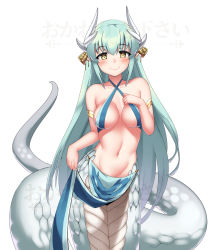 Rule 34 | 1girl, aqua hair, bare shoulders, blush, breasts, collarbone, commentary, cowfee, dragon horns, english commentary, eyes visible through hair, fate/grand order, fate (series), groin, highres, horns, kiyohime (fate), lamia, long hair, looking at viewer, medium breasts, monster girl, monsterification, navel, pelvic curtain, pointy ears, simple background, smile, snake tail, solo, tail, very long hair, white background, yellow eyes