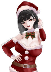 Rule 34 | 1girl, absurdres, alternate hairstyle, amai-pai, armpits, artist name, bare shoulders, bell, belt, black hair, blue archive, bow, breasts, brown belt, choker, christmas, cleavage, commentary, detached sleeves, dress, fur-trimmed dress, fur-trimmed headwear, fur-trimmed sleeves, fur trim, hair ornament, hand on own hip, hat, head tilt, highres, large breasts, looking at viewer, open mouth, paid reward available, red eyes, red hat, rio (blue archive), santa costume, santa dress, santa hat, short hair, simple background, solo, sweat, sweatdrop, white background