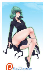 Rule 34 | 1girl, alternate breast size, artist name, ass, ass focus, bare legs, bare shoulders, black dress, bottomless, breasts, cleavage, dress, floating, from behind, full body, green eyes, green hair, highres, huge ass, invisible chair, jago dibuja, lips, looking at viewer, looking back, matching hair/eyes, medium breasts, medium hair, no panties, one-punch man, partially visible vulva, shoes, simple background, sitting, solo, tatsumaki, thick thighs, thighs, white background, wide hips