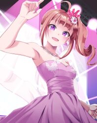 Rule 34 | 1girl, ahoge, arm up, armpits, blush, bow, breasts, brown hair, dot nose, dress, drill hair, feather hair ornament, feathers, flower, flower necklace, hair flower, hair ornament, highres, idolmaster, idolmaster million live!, idolmaster million live! theater days, index finger raised, jewelry, lace trim, long hair, looking at viewer, looking down, medium breasts, mimkai, necklace, open mouth, purple dress, purple eyes, screen, side drill, side ponytail, sidelocks, smile, solo, spotlight, stage, stage lights, standing, waist bow, yokoyama nao