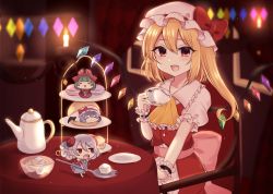 Rule 34 | 4girls, ascot, bat wings, blonde hair, blush, bow, bowl, buttons, candle, candlestand, chair, chibi, closed eyes, closed mouth, commentary request, cup, fang, flandre scarlet, food, frilled shirt collar, frills, hat, hat bow, hat ribbon, highres, horizontal pupils, kagiyama hina, looking at another, looking at viewer, macaron, mob cap, multiple girls, one side up, open mouth, plate, red bow, red eyes, red ribbon, red skirt, red vest, remilia scarlet, ribbon, saucer, sharp teeth, shirt, siblings, side ponytail, sidelocks, silver hair, sisters, sitting, skirt, slit pupils, spork, standing, subaru (subachoco), sugar cube, table, tablecloth, teacup, teapot, teeth, touhou, toutetsu yuuma, vest, white headwear, white shirt, wings, wrist cuffs, yellow ascot