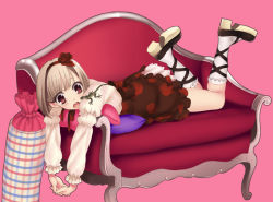 Rule 34 | 1girl, brown hair, couch, dress, hairband, juliet sleeves, long sleeves, lying, on stomach, original, own hands together, pink background, piyodera mucha, puffy sleeves, red eyes, red upholstery, simple background, solo