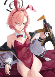 Rule 34 | 1girl, ab (cat921), absurdres, ahoge, animal ears, bare legs, bare shoulders, black halo, black jacket, black nails, blue archive, bow, bowtie, braid, breasts, chain, cherry blossom print, collarbone, detached collar, fake animal ears, floral print, gun, halo, highres, holding, holding weapon, jacket, legs together, leotard, long sleeves, multicolored clothes, multicolored jacket, neru (blue archive), neru (bunny) (blue archive), off shoulder, official alternate costume, open clothes, open jacket, pink hair, playboy bunny, rabbit ears, red bow, red bowtie, red leotard, short hair, single braid, sitting, small breasts, submachine gun, two-tone jacket, v-shaped eyebrows, weapon, white background, white jacket