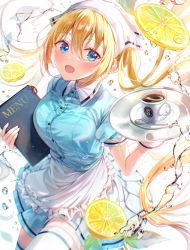 Rule 34 | 1girl, :d, apron, blend s, blonde hair, blue dress, blue eyes, blush, breasts, coffee, coffee cup, collared dress, commentary request, cup, disposable cup, dress, food, fruit, hair between eyes, highres, hinata kaho, holding, holding menu, holding tray, large breasts, leaf, lemon, lemon slice, long hair, looking at viewer, maid apron, menu, open mouth, sakura (39ra), saucer, short sleeves, smile, solo, spoon, standing, thighhighs, tray, twintails, water drop, white background, white thighhighs