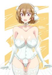 Rule 34 | 1girl, akai akasaki, alternate costume, bandaid, bandaid on face, breasts, brown eyes, brown hair, choker, collarbone, corset, cowboy shot, elbow gloves, gloves, gluteal fold, hair between eyes, hairband, highres, kantai collection, large breasts, oboro (kancolle), short hair, solo, standing, thighhighs, white choker, white corset, white gloves, white hairband, white thighhighs