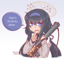 Rule 34 | 1girl, 2022, artist name, bags under eyes, black hair, black undershirt, blue archive, blue eyes, blue hairband, blush, bolt-action rifle, carbine, cardigan, de lisle carbine, gun, hair between eyes, hairband, halo, integral suppressor, integrally-suppressed firearm, long hair, long sleeves, looking at viewer, low twintails, minzzway, pistol-caliber carbine, rifle, sailor collar, school uniform, serafuku, simple background, solo, suppressor, twintails, ui (blue archive), very long hair, weapon, white serafuku