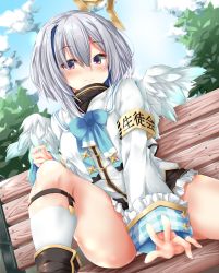 Rule 34 | 1girl, absurdres, amane kanata, angel wings, aqua bow, aqua ribbon, armband, bench, between legs, black dress, black footwear, blue hair, blue sky, blush, bob cut, boots, bow, breasts, closed mouth, cloud, cloudy sky, colored inner hair, commentary, covering privates, covering crotch, day, dress, dutch angle, frilled dress, frills, hair between eyes, halo, hand between legs, highres, hololive, huge filesize, jacket, kneehighs, long sleeves, looking at viewer, multicolored hair, neck ribbon, outdoors, panties, panty peek, purple eyes, ribbon, shiraishi mamim, short dress, short hair, silver hair, single hair intake, sitting, sky, small breasts, smile, socks, solo, spread legs, star halo, streaked hair, thighs, tree, turtleneck, turtleneck dress, two-tone hair, underwear, virtual youtuber, white jacket, white panties, white socks, wings