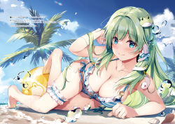 Rule 34 | 1girl, absurdres, ball, bare shoulders, barefoot, beachball, bikini, blue eyes, blue sky, breasts, cleavage, closed mouth, cloud, cloudy sky, collarbone, frilled bikini, frills, frog hair ornament, green eyes, hair ornament, highres, kochiya sanae, large breasts, long hair, looking at viewer, lying, miyase mahiro, on side, palm leaf, palm tree, seashell, shell, shiny skin, sky, smile, snake hair ornament, swimsuit, thigh strap, thighs, toes, touhou, tree, water, water drop